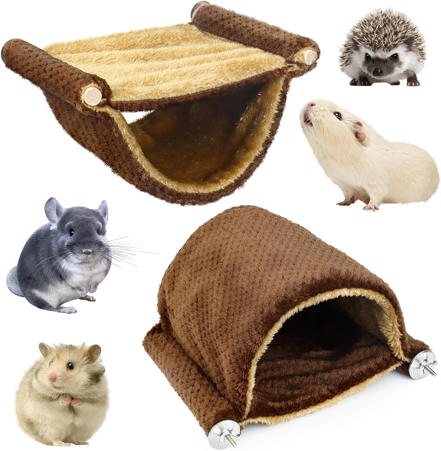 Hamster Hammock House, Guinea Pig Bed Hideout,Mouse Rat Hanging Swing Winter Warm Bed Small Pet Animal Double Layer Cage Tent Hut Nest for Mouse Rat Hamster Playing Sleeping (Brown) - Image 4