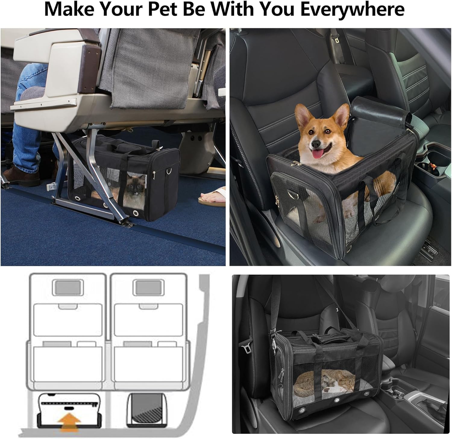 Soft Sided Foldable Cat/Dog/Pet Carrier Bag, Portable Puppy/Pets Travel Carriers For Cats/Dogs With Shoulder Strap & Removable Mat, Durable Cat Basket of 25 lbs - Black, L - Image 7