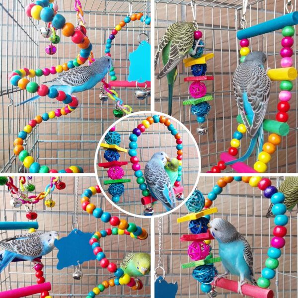 7 Pcs Bird Budgie Toys, ESRISE Hanging Bell Pet Bird Cage Hammock Swing Climbing Ladders Toy Wooden Perch Mirror Chewing Toy for Conures, Love Birds, Small Parakeets, Cockatiels, Parrot (Muliti-B) - Image 6