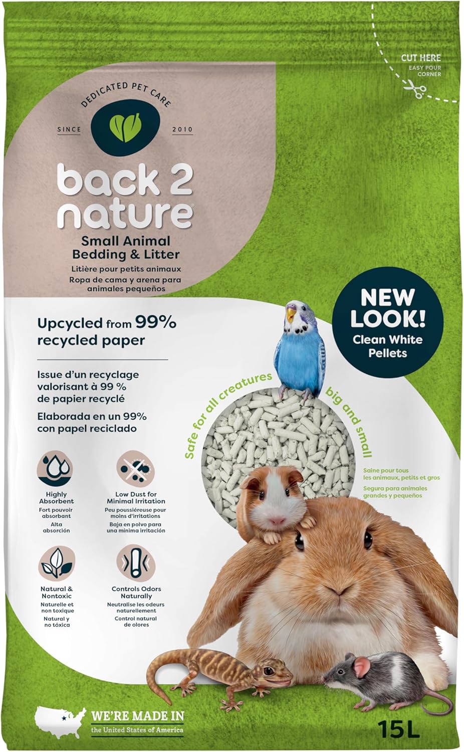 Back 2 Nature® Small Animal Bedding & Litter – Upcycled from 99% Recycled Paper | Highly Absorbent & Long Lasting Odor Control | Natural and Nontoxic | Low Dust | Easy-to-Maintain | 15L Bag